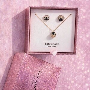 Kate Spade Penguin Pave Stud Earrings & Pendant Necklace Set Gold and Black NWT